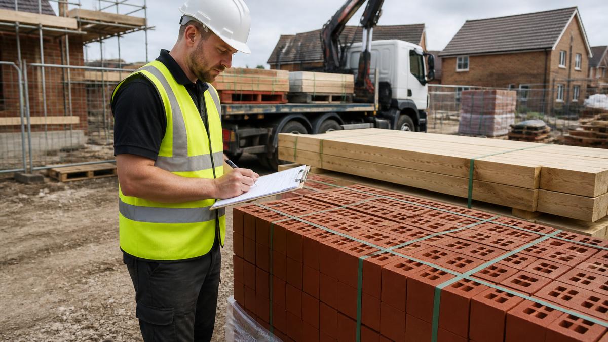 A tradie in a hi-vis vest and hard hat inspecting a pallet of bricks and timber on a building site, clipboard in hand, delivery truck visible in the background