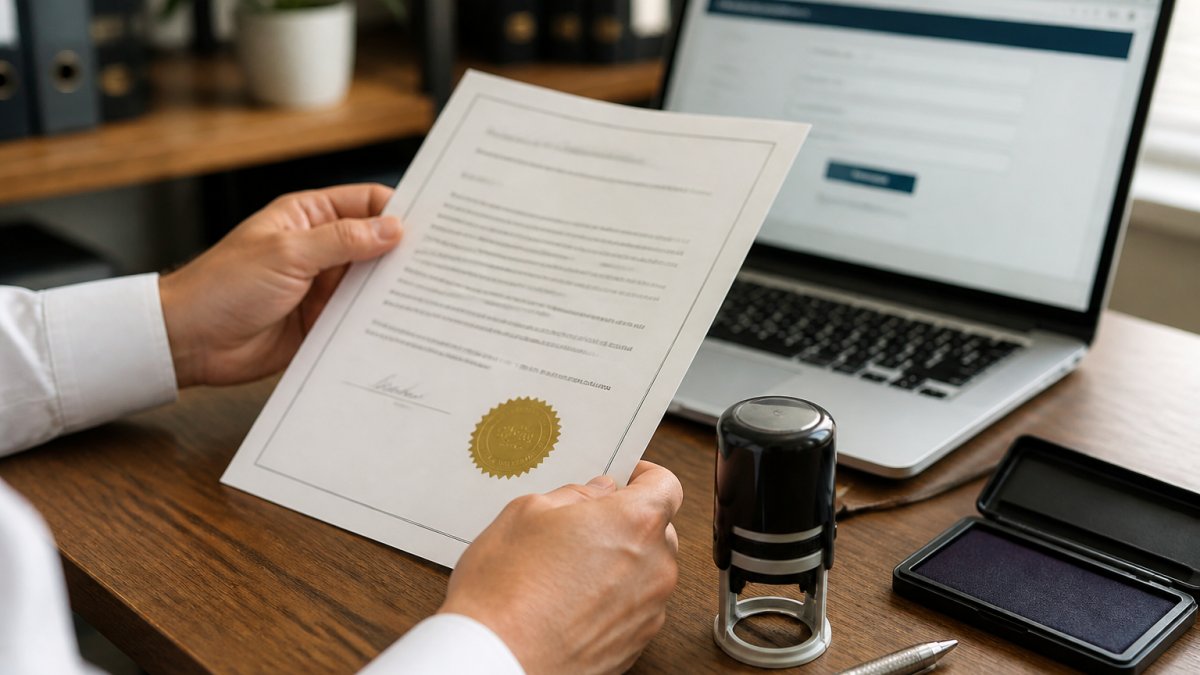 Infographic showing steps to verify california notary seals and documents on a desk with public records search.