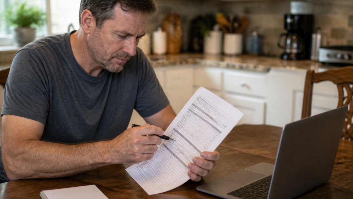 Checklist infographic showing a person reviewing car repair estimates for accuracy at a home workspace