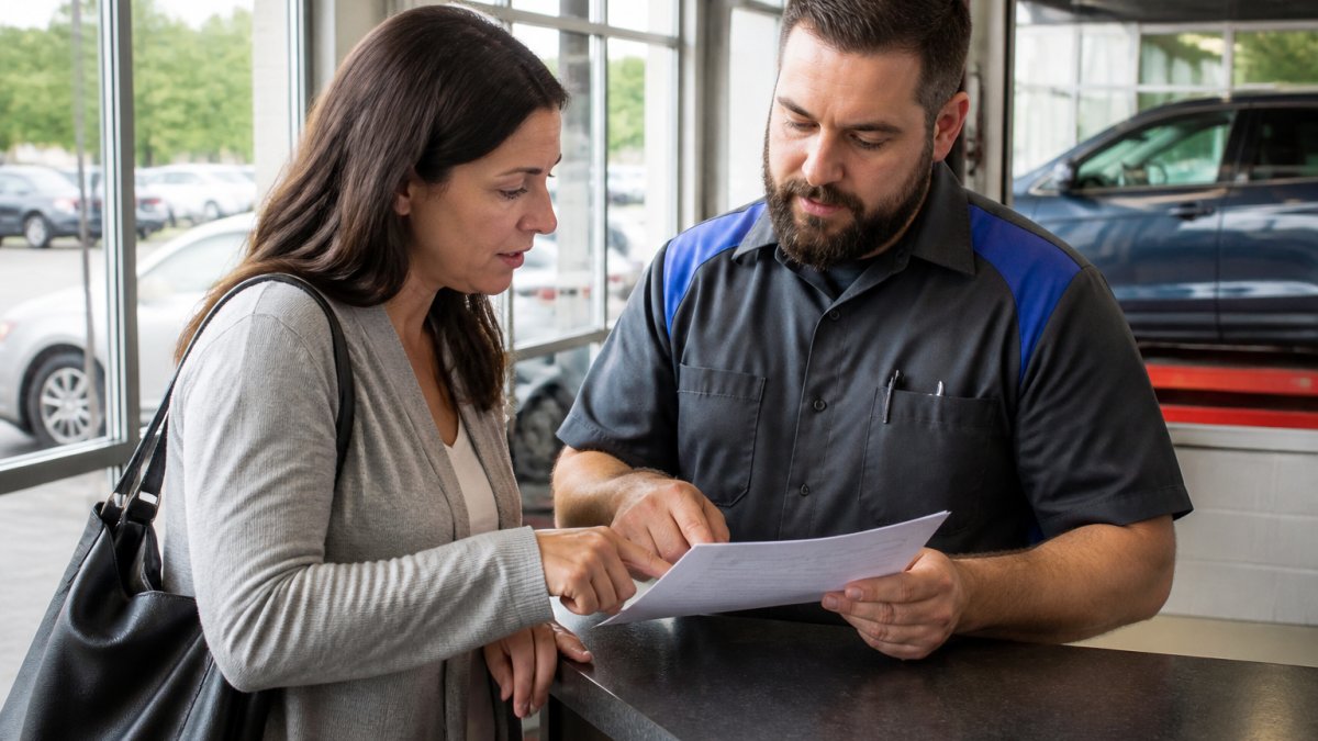 A customer and an ASE-certified mechanic at a service counter reviewing a printed repair estimate together, pointing at line items, with the vehicle visible through the shop window behind them