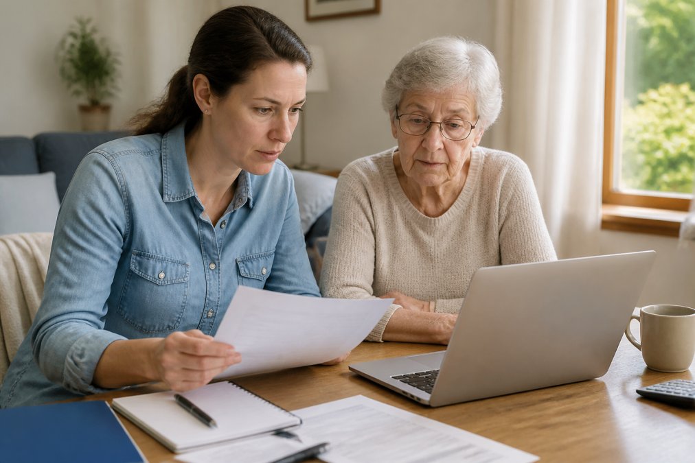 Adult child sitting at home with aging parent, reviewing documents and information on a laptop while taking notes before hiring a caregiver, natural afternoon light from window