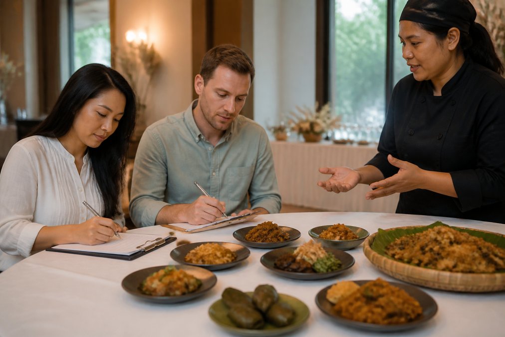 A couple evaluating Indonesian dishes on a checklist to learn how to verify catering service quality during a tasting.