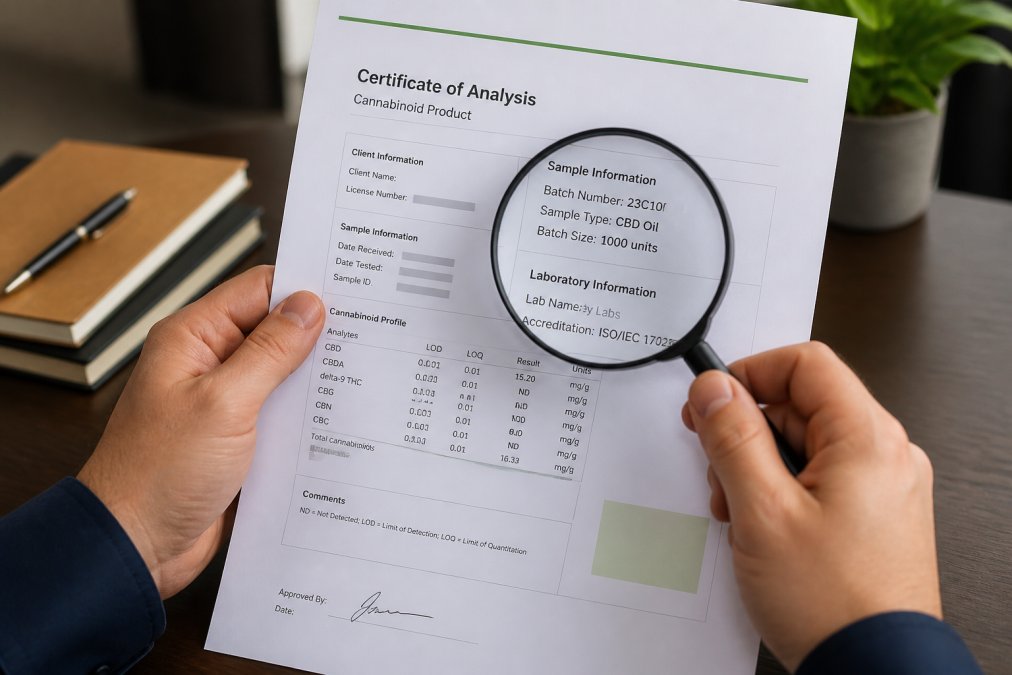 Close-up of hands holding a printed CBD lab report with sections highlighted by a magnifying glass, showing batch number and lab credentials in natural office lighting