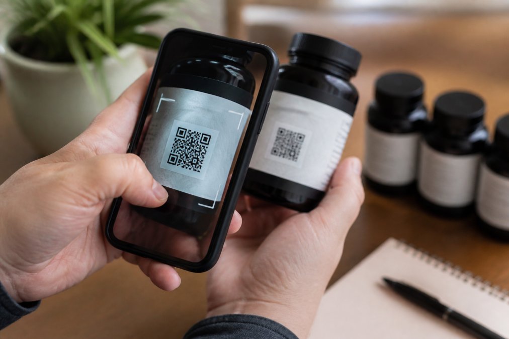 Smartphone with camera focused on scanning a QR code on a CBD product label, lab verification page loading on screen with clear data visible