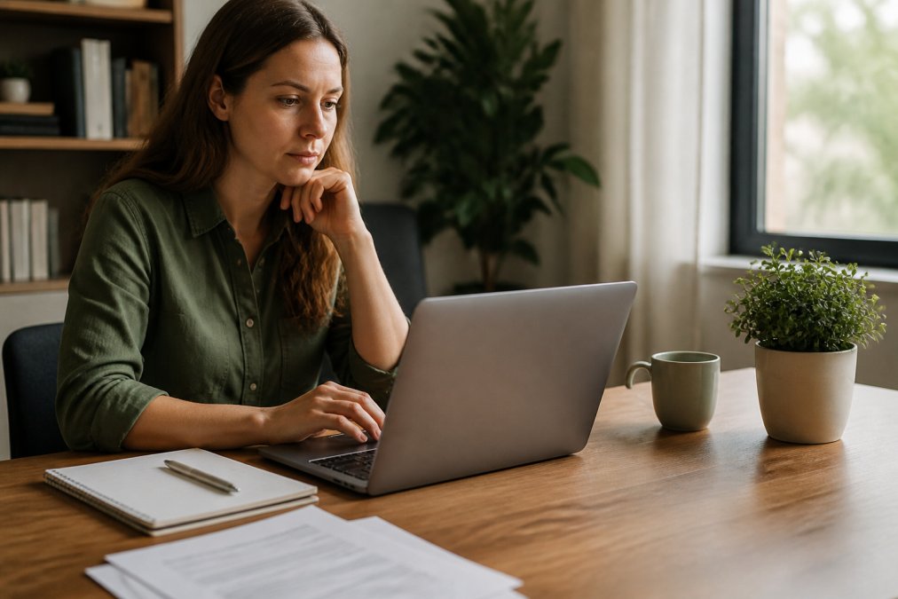 Person sitting at a home desk with a laptop open to a government website, notepad and pen nearby, natural window light, focused expression while researching