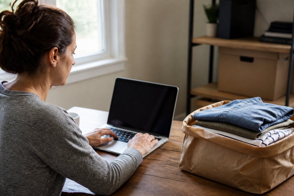 Person sitting at a desk using a laptop to search a government website, with a bag of neatly folded clothing visible beside them on a wooden desk, warm natural light from a nearby window