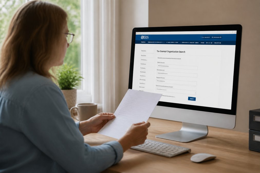 A person at a home computer with the IRS Tax Exempt Organization Search website visible on screen, holding a piece of paper with a charity name, natural daylight from a window