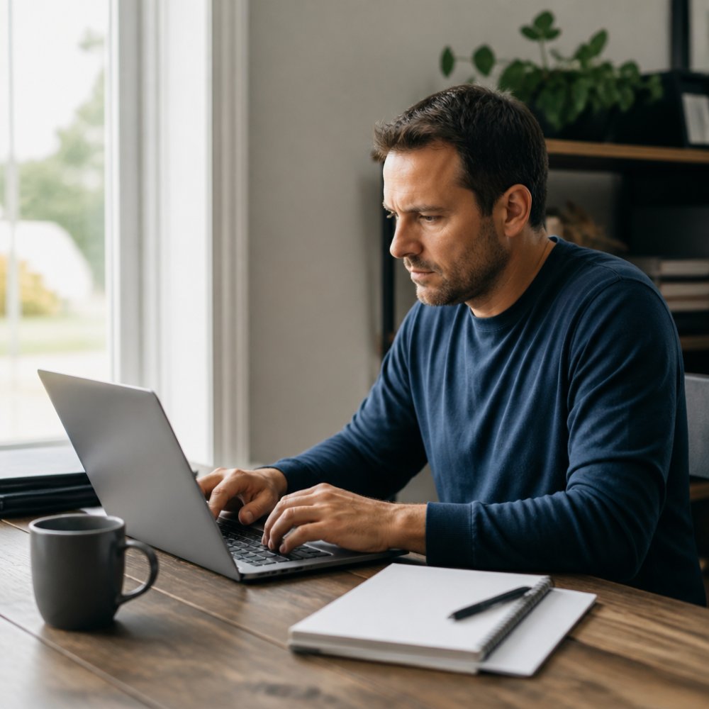 Person at a desk with a laptop and notepad, searching the CRA charity registry website with a focused expression and natural office lighting