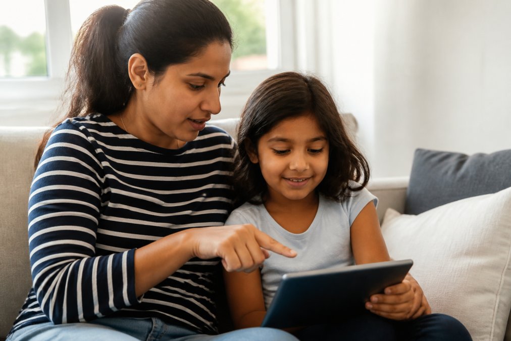 Parent sitting with child at home looking at a tablet together, parent pointing at screen while child watches, bright home environment with natural light