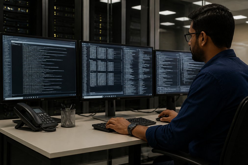 Database administrator auditing server logs to verify client data privacy on multiple secure office monitors.
