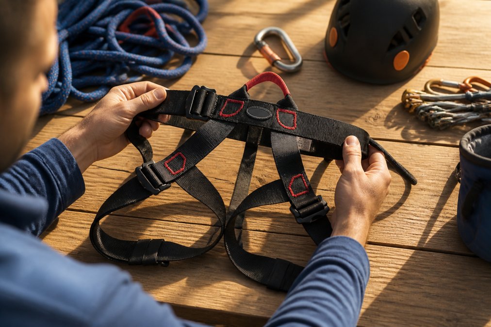 Climber's hands closely inspecting a climbing harness, examining the waist belt, leg loops, and buckles for fraying, discoloration, and damage under bright natural light