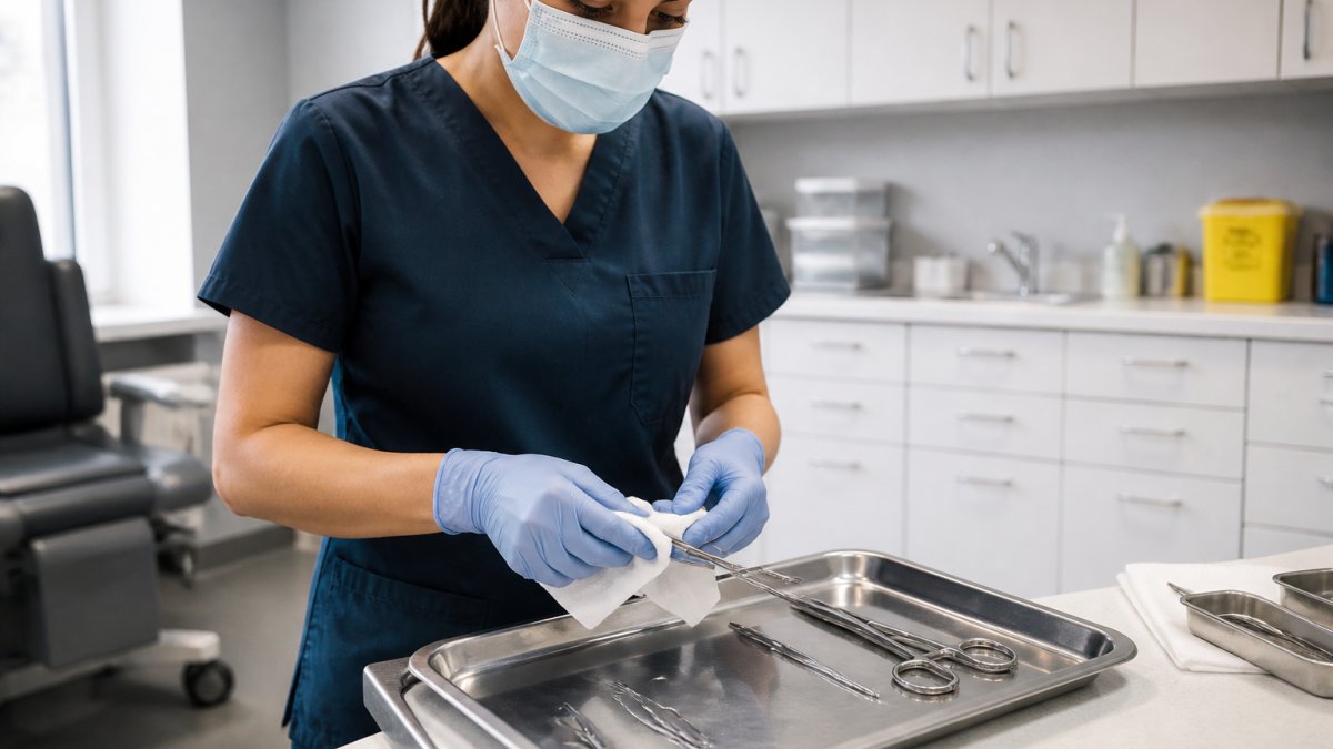 A clinic staff member in gloves and a mask carefully cleaning and disinfecting a reusable medical instrument on a stainless steel tray in a bright, organized treatment room