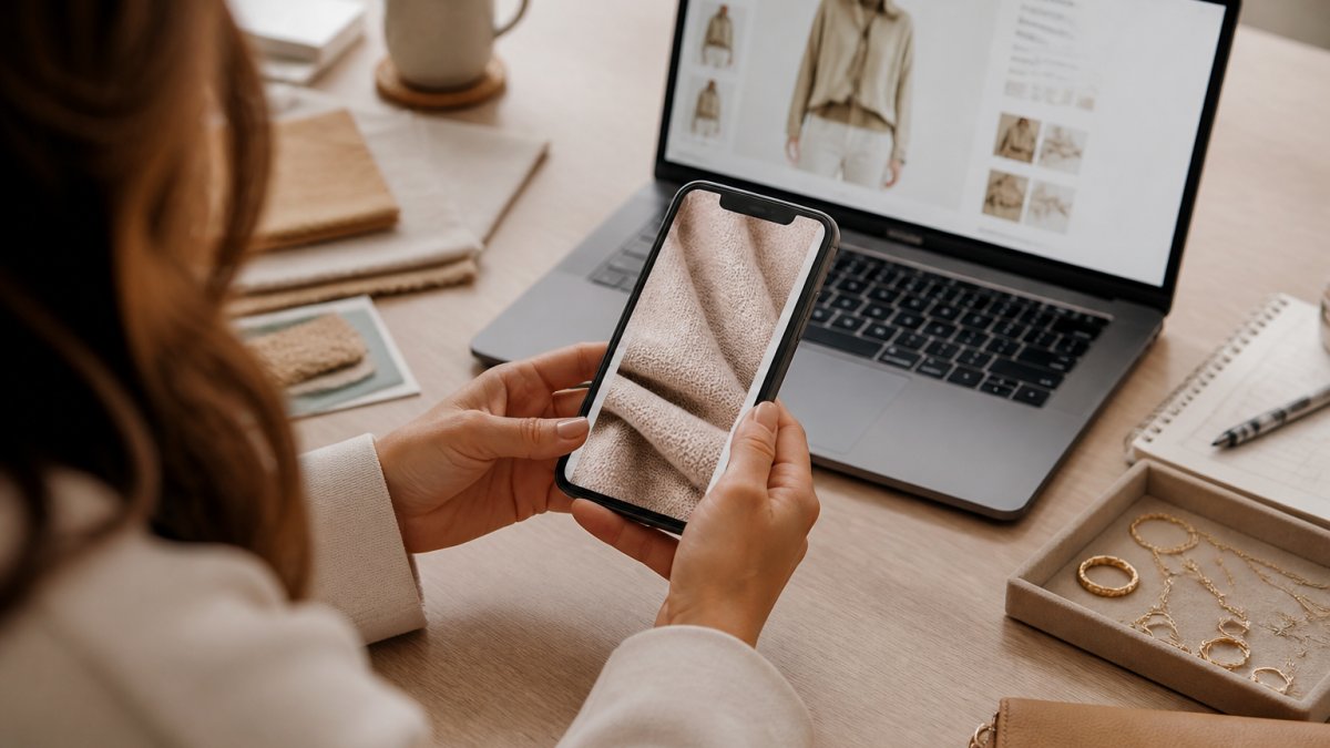 A woman's hands holding a smartphone displaying a close-up photo of fabric texture, with a laptop showing an online clothing listing in the background on a bright desk