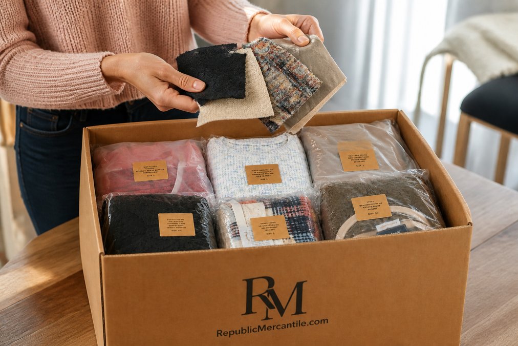 Hands holding and examining different fabric swatches, showing texture, weight, and drape of quality materials in natural light