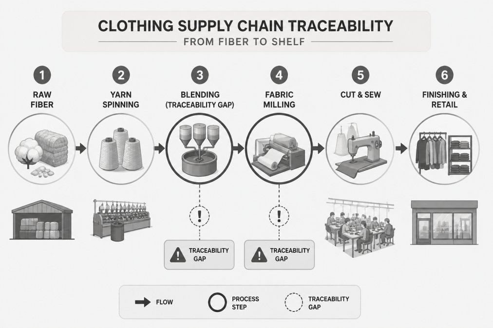 Flowchart showing a garment's path from raw fiber to yarn spinning to fabric milling to cut and sew to finishing to retail, with traceability gaps marked at the blending and milling stages