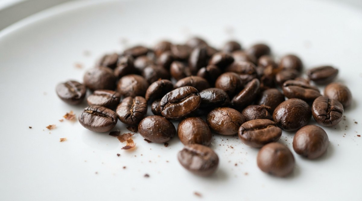 Close-up of freshly roasted coffee beans showing glossy oiliness, rich brown color variation, and minimal chaff scattered on white surface with natural lighting