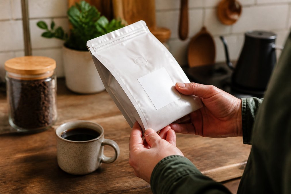 Hands holding a coffee bag with origin and roast details to help you verify coffee bean quality certifications.
