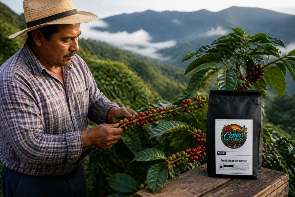 Coffee farmer inspecting ripe coffee cherries on tree branches in a mountainous farm setting with lush green vegetation and morning mist