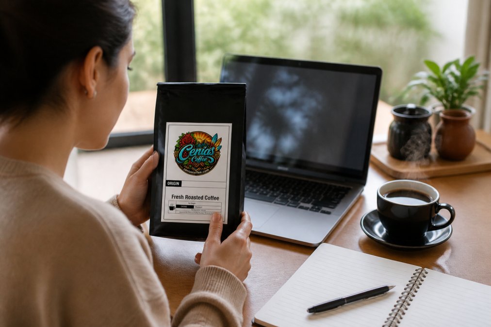 Person reviewing a coffee bag label and transparency details on a laptop at a home desk with a fresh cup of coffee nearby and a steaming cup of coffee