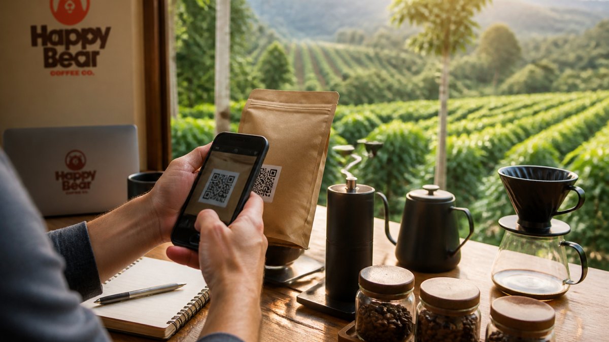 A person holding a brown bag of roasted coffee beans and scanning a QR code on the label with a smartphone, green coffee farm rows visible in the background under soft morning light