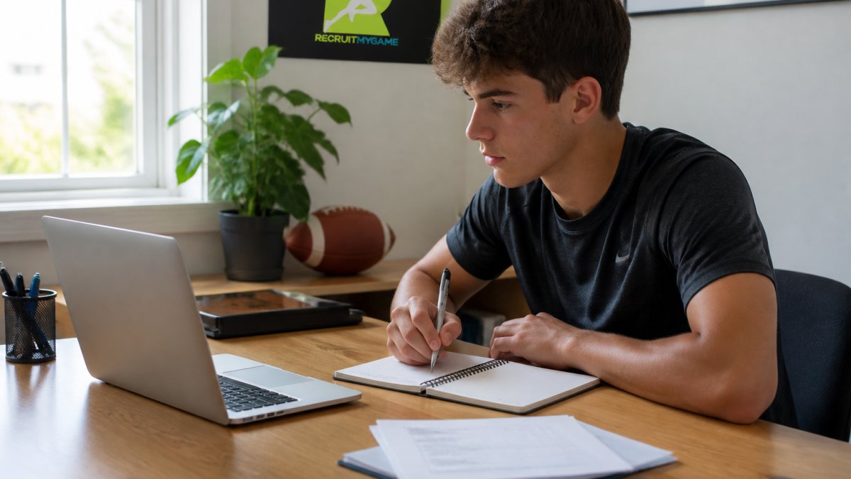 High school student-athlete sitting at a desk with laptop and notebook, carefully reviewing information on screen with focused expression, natural lighting from window