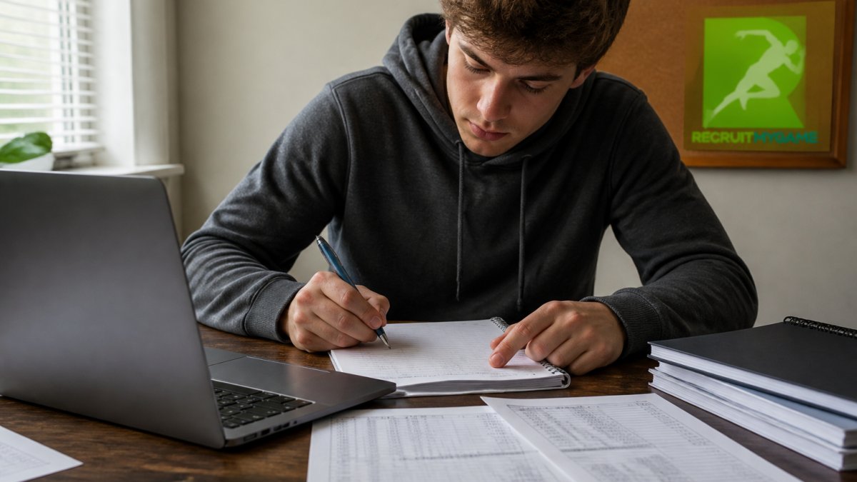 High school student-athlete sitting at a desk with laptop and notebook, reviewing college roster data and taking detailed notes on graduation timelines and player departures