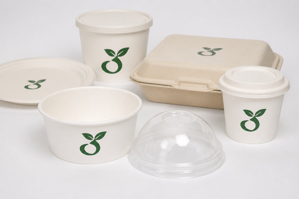 Close-up of various food packaging containers with visible certification logos and symbols, including the Australian Bioplastics Association mark, displayed on white background with natural lighting