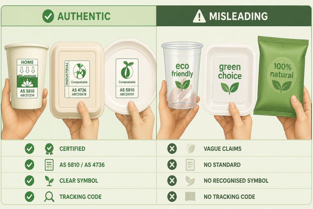 Hands holding different food packaging containers side by side, comparing labels and certification symbols to identify authentic versus misleading environmental claims, with natural office lighting
