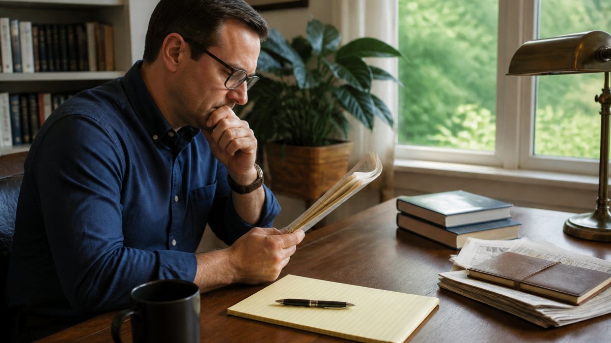 Professional reviewing news articles on a computer to verify conservative news sources with a notepad and pen
