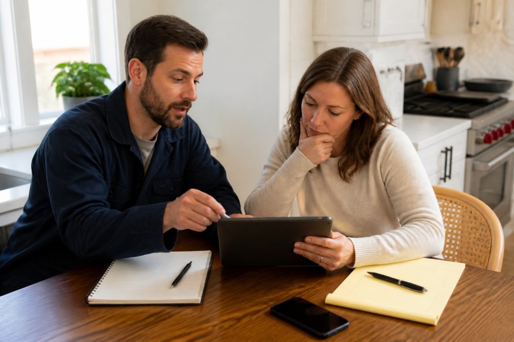 Homeowner sitting at kitchen table with notes and phone, speaking with a construction reference while reviewing project details on a tablet in natural afternoon lighting