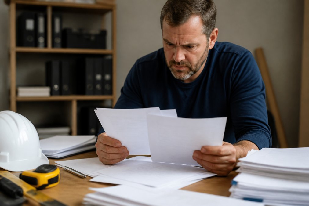 Close-up of hands reviewing contractor documents and reference sheets with concerned expression, highlighting documentation review process on wooden desk