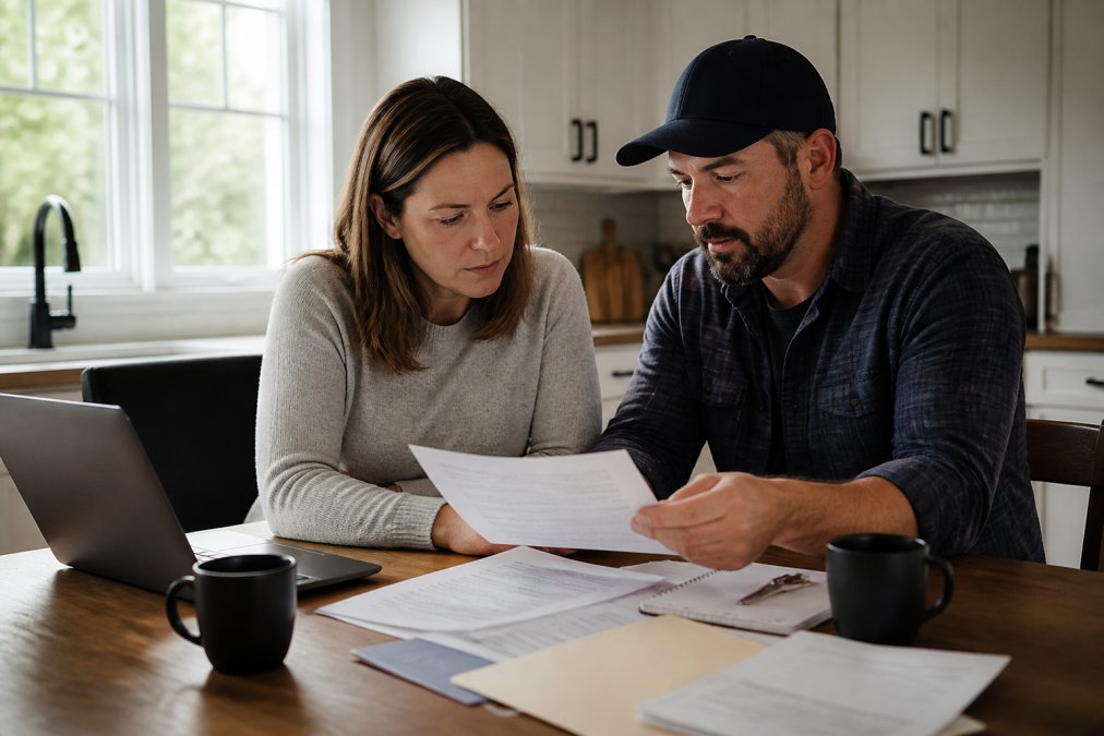 Flowchart showing the steps to verify contractor insurance documents with a homeowner and professional at a table.