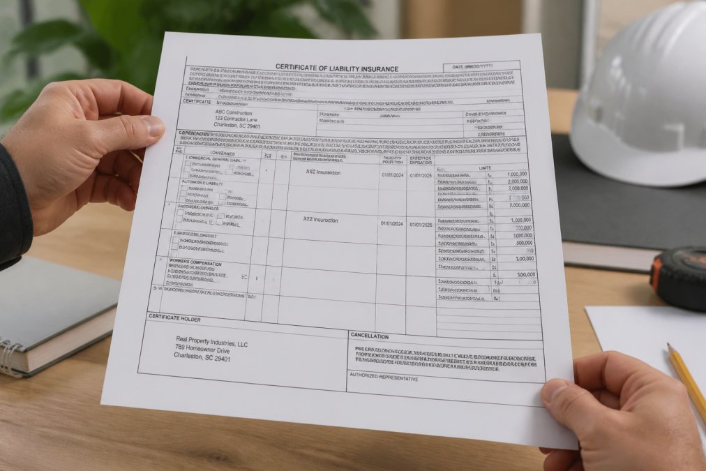Annotated ACORD Certificate of Insurance with arrows pointing to contractor name, policy number, coverage limits, effective date, expiration date, and certificate holder fields