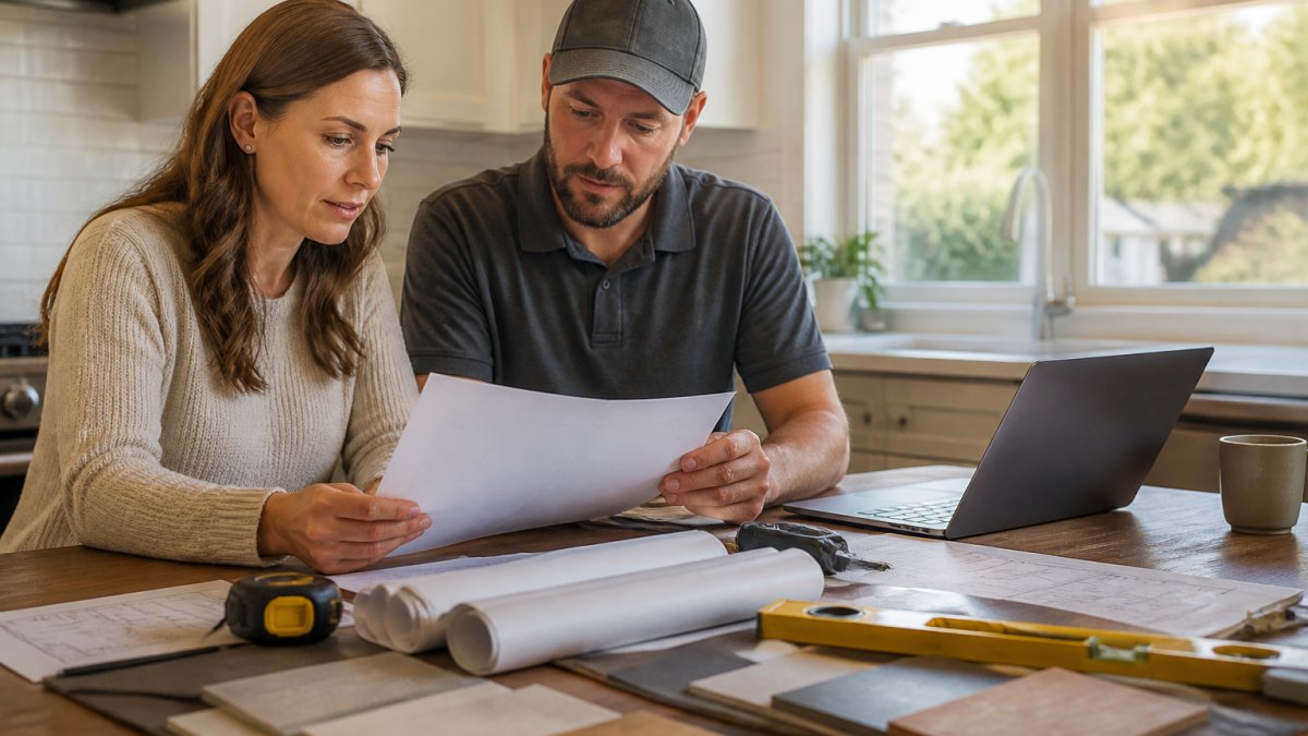 A homeowner and a contractor reviewing an insurance certificate at a kitchen table, with a laptop open to a state licensing board website in the background, warm afternoon light through the window