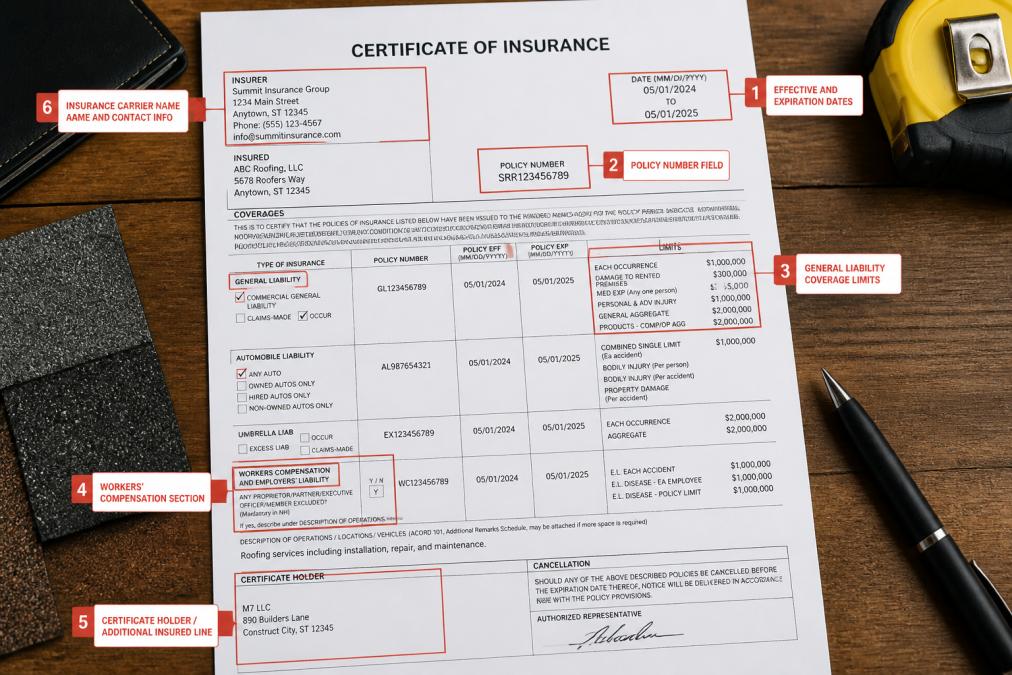 Annotated Certificate of Insurance document showing roofing contractor coverage with callout boxes highlighting: (1) effective and expiration dates in top-right corner, (2) policy number field, (3) general liability coverage limits, (4) workers' compensation section, (5) certificate holder/additional insured line, (6) insurance carrier name and contact info