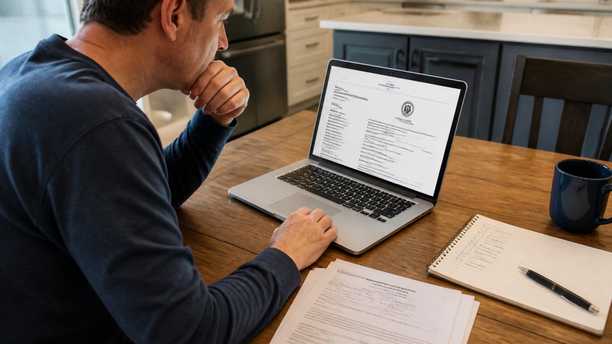 Homeowner reviewing contractor license information on laptop at kitchen table with printed documents and checklist nearby