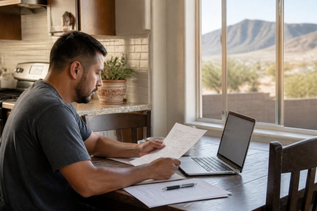 A homeowner sitting at a kitchen table with a laptop open to a license lookup website, a printed checklist, and a pen, reviewing contractor paperwork in a sunlit El Paso home