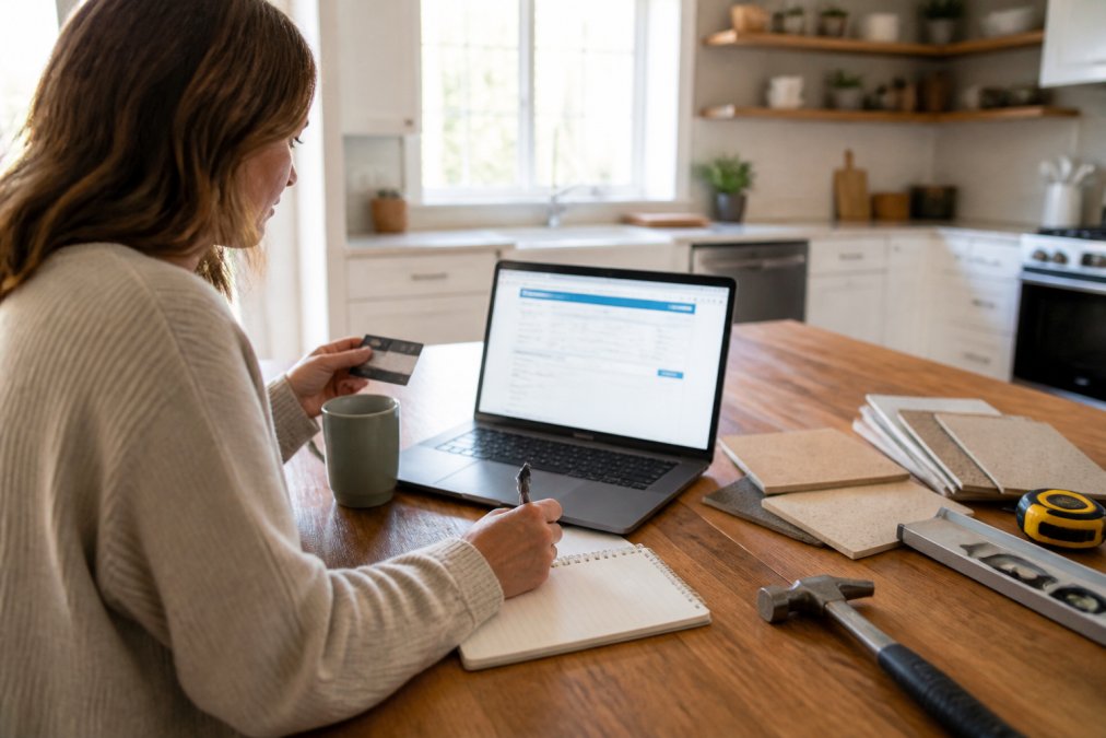 A homeowner sitting at a kitchen table with a laptop open to a state license lookup page, holding a contractor's business card and a pen, natural daylight through a window