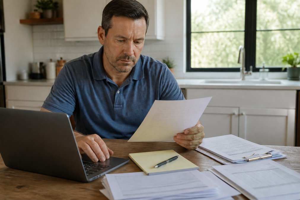 Homeowner sitting at a kitchen table with laptop, reviewing contractor license documents and credentials, with paperwork and notes spread across the table in natural afternoon light