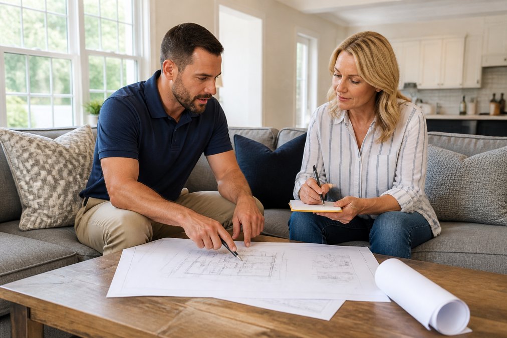 Professional contractor and homeowner sitting in living room reviewing project plans and blueprints together, both taking notes, natural light from windows