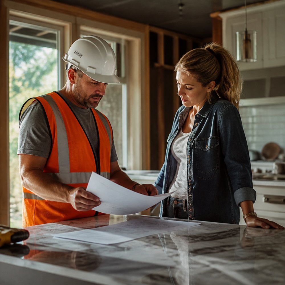 A contractor in a hard hat and safety vest reviewing insurance paperwork with a homeowner at a kitchen renovation site, bright natural daylight through windows