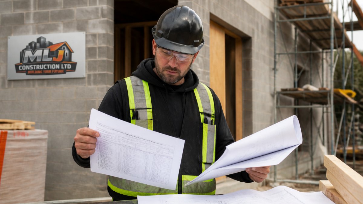 Professional contractor holding building code documentation and material specification sheets while reviewing plans at a construction site