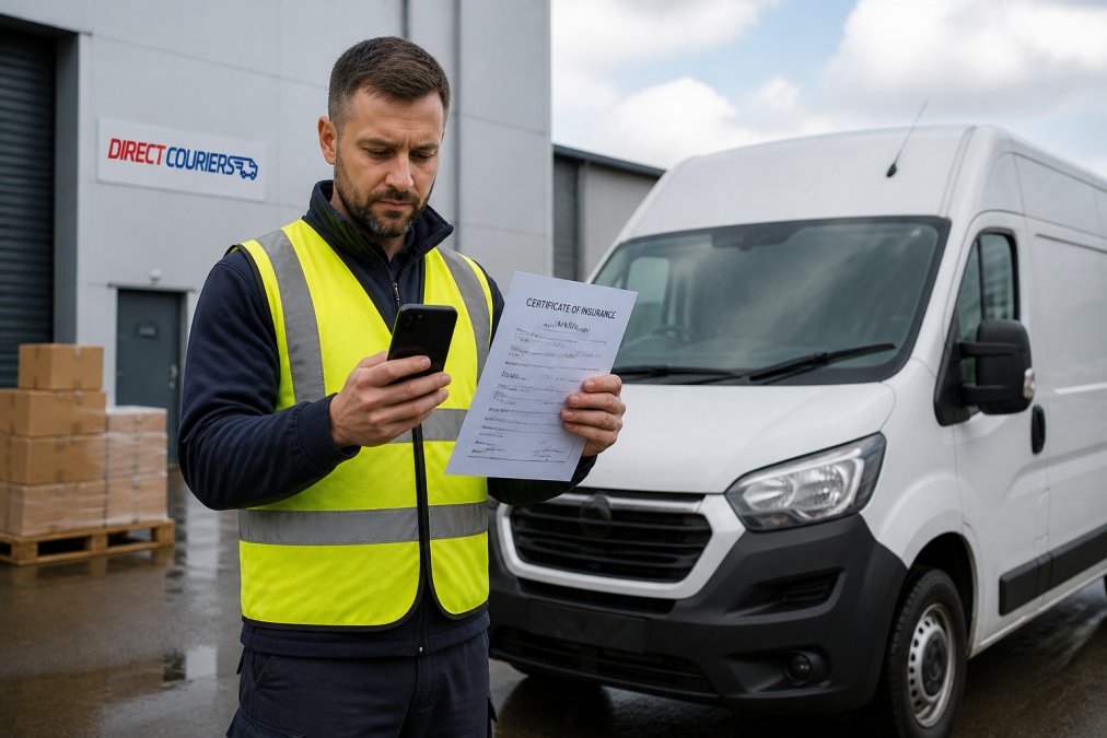 Courier in a high-visibility vest checking a courier insurance certificate near a delivery van