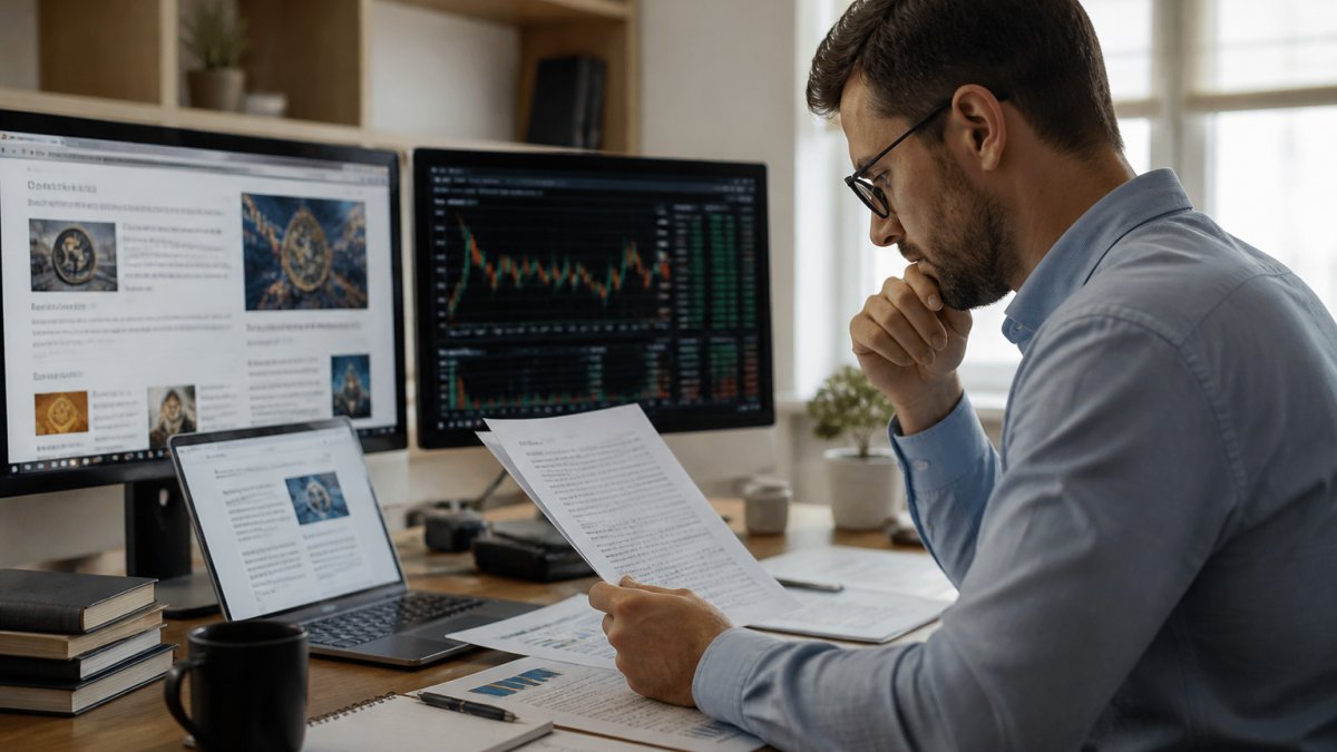 Professional reviewing cryptocurrency research documents and market data on multiple computer monitors