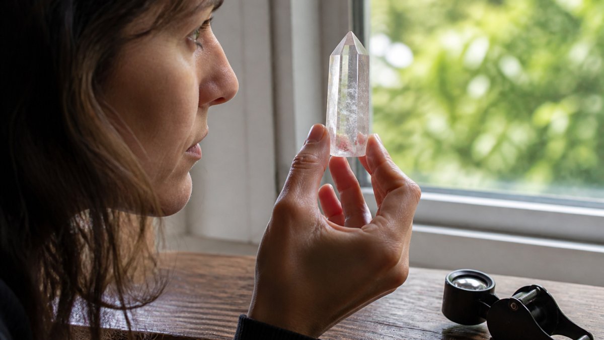Close-up of a woman holding a clear quartz point up to a window, examining its internal inclusions in natural daylight, with a jeweler's loupe on a wooden table nearby