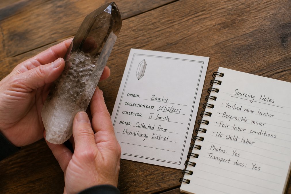 Hands holding a crystal specimen with provenance documentation to ensure crystal sourcing transparency.