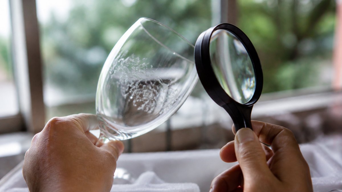 Close-up of hands holding an engraved wine glass up to bright natural light, examining the fine detail and surface finish of the engraving with a magnifying tool