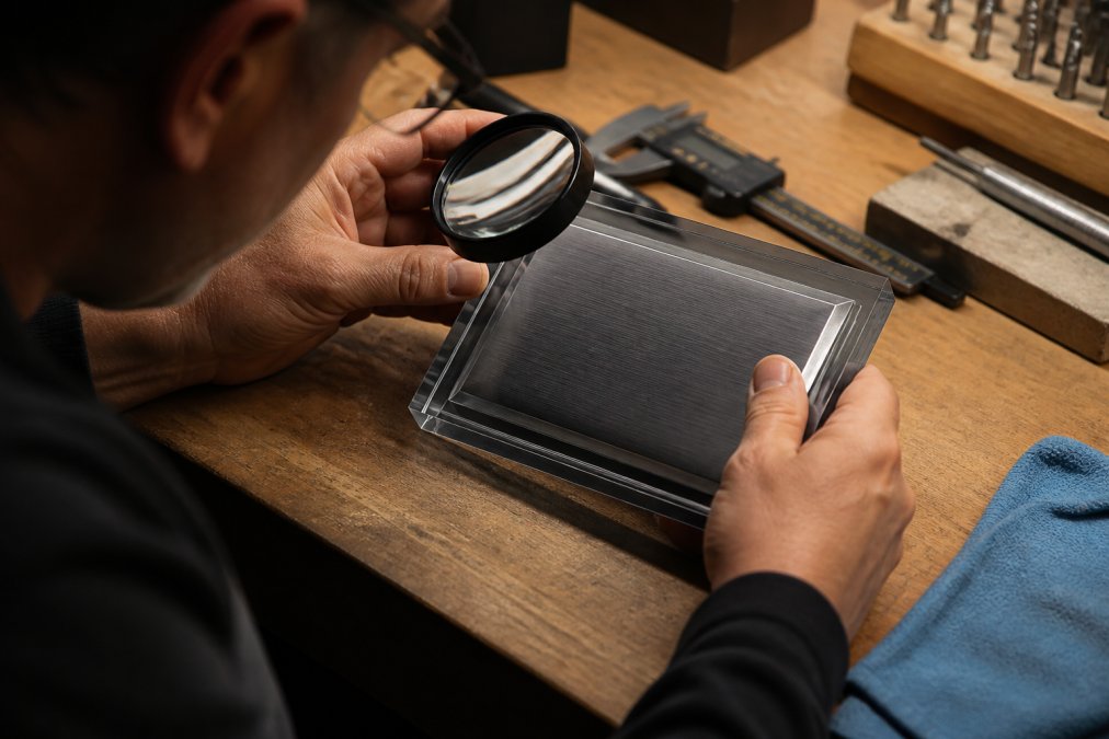 Hands using a magnifying glass to verify custom gift quality by inspecting the texture and engraving of a wooden plaque.