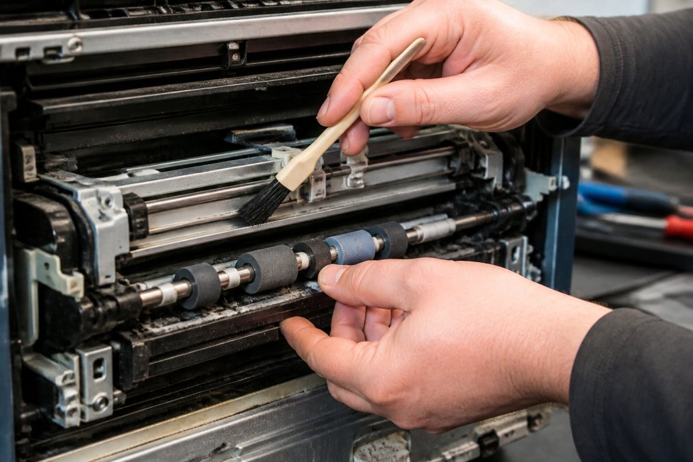 Technician's hands carefully cleaning internal printer components, inspecting the paper path rollers with a soft brush, examining metal and rubber parts for debris and wear