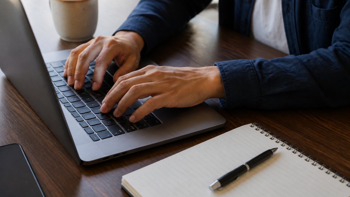 Hands typing on a laptop to verify data removal from broker sites with a notebook and pen nearby for notes.